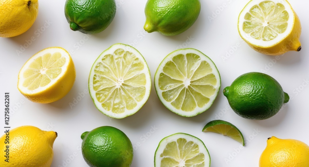 Poster freshly sliced lemon and lime citrus fruits on a white background with copy space for text or design