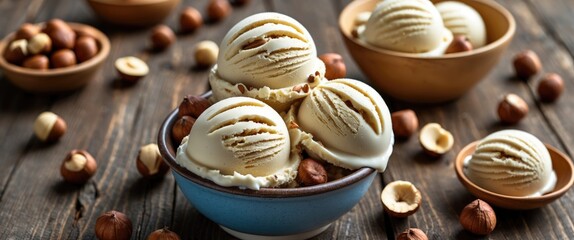 Delicious Hazelnut Ice Cream in Bowls Surrounded by Whole Nuts on Rustic Wooden Table with Empty Space for Text or Branding