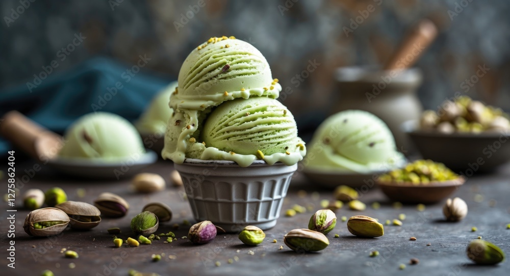 Aufkleber pistachio ice cream scoops in a rustic setting with nuts and textures creating a cozy and delicious 