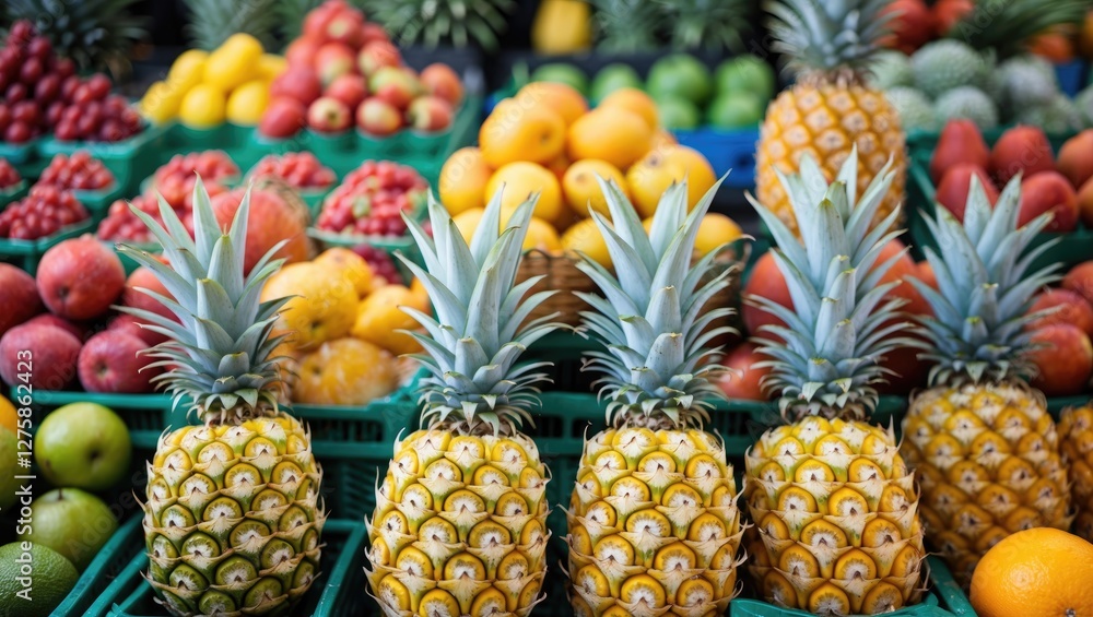 Poster pineapples displayed among fresh fruits in market with colorful background and space for text