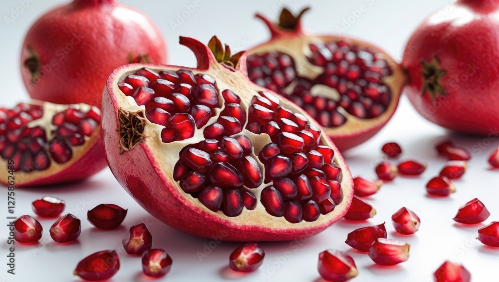 Poster vibrant pomegranate seeds and halves on bright surface with empty space for text or branding in culi