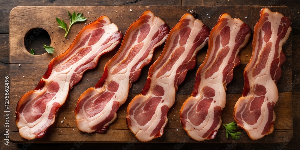 Poster sliced fresh raw bacon on wooden board with empty space for text and garnish elements