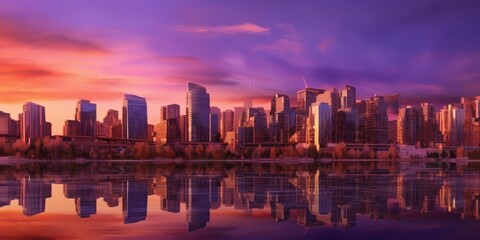 Obraz premium City skyline reflecting on water during sunset. Urban scene, for tourism