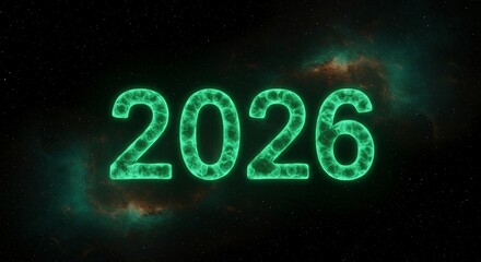 Glowing green 2026 year in cosmic outer space background.