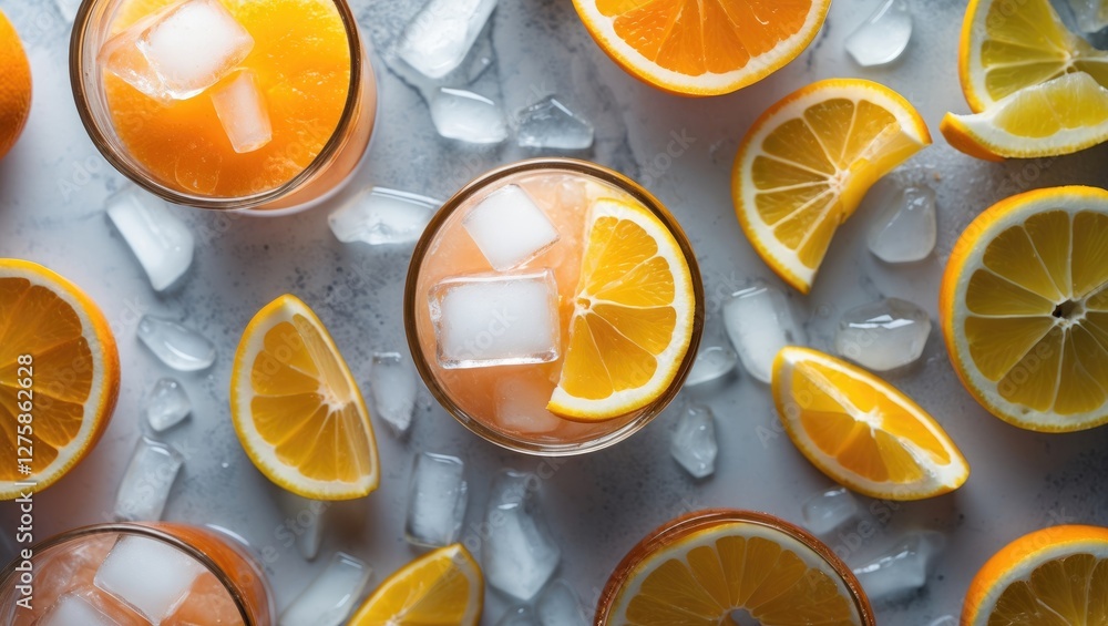 Poster refreshing orange lemonade with ice cubes and fresh citrus slices overhead view with space for text 
