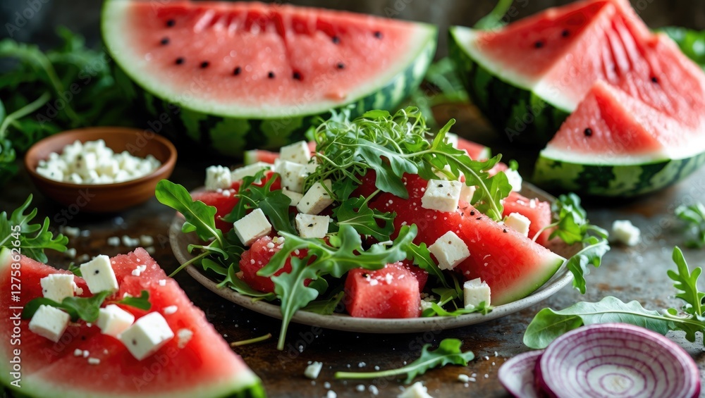 Poster vibrant summer watermelon salad with feta cheese and arugula on rustic table with space for text or 