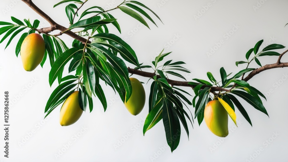 Poster tropical mango tree branch with fresh leaves and fruits on white background for text placement and d