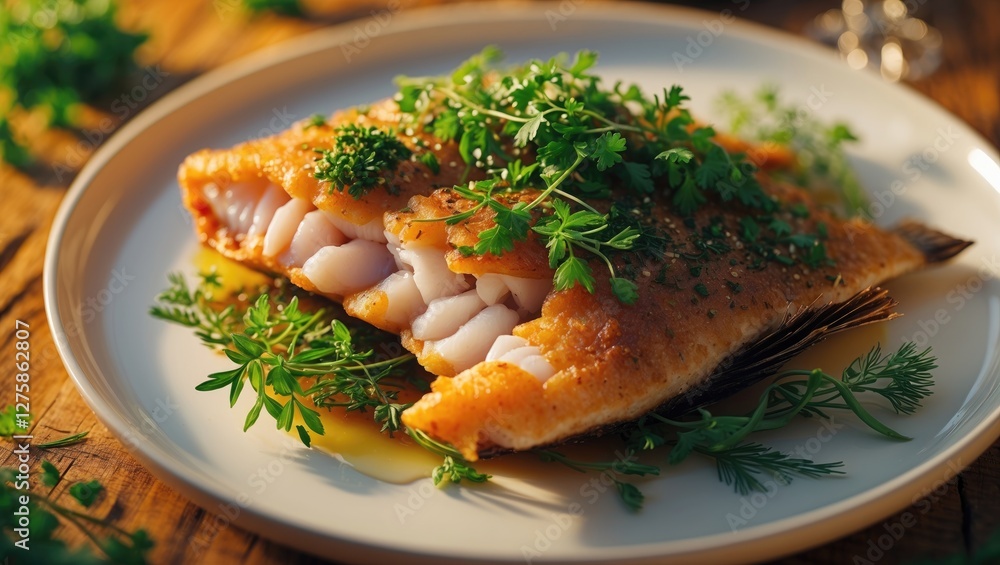 Poster fried fish garnished with fresh herbs on a plate surrounded by greenery with empty space for text in
