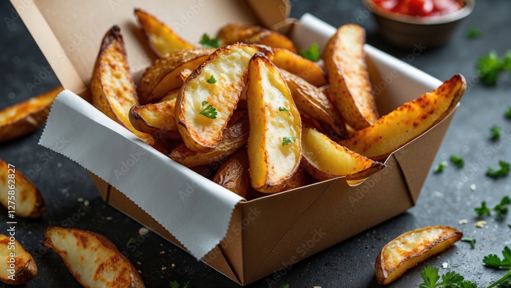 Poster crispy fried potato wedges served in takeaway container with copy space for custom text and dipping 