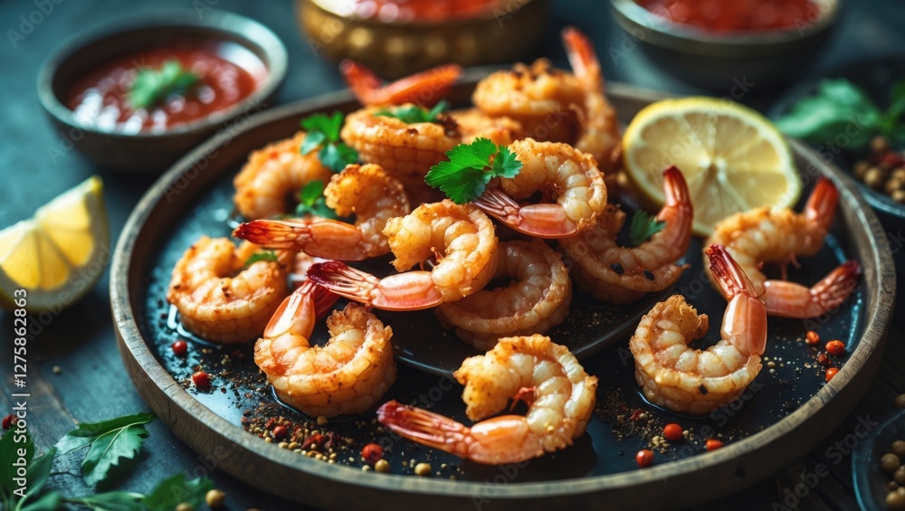 Aufkleber crispy fried shrimp garnished with spices and lemon on a wooden plate with sauces in background and 
