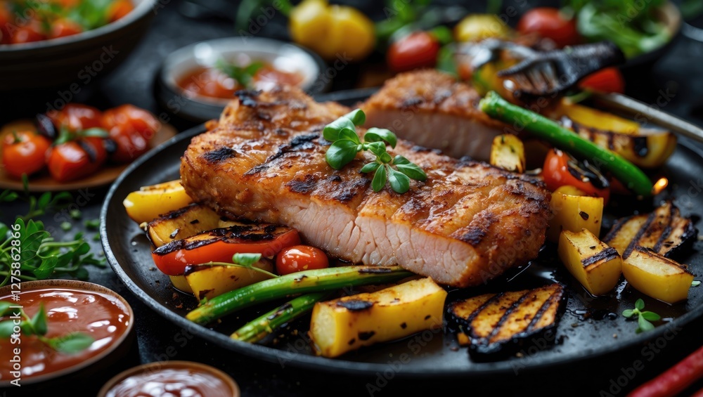 Aufkleber grilled pork fillet and colorful vegetables served on a plate with sauces and copy space for text in