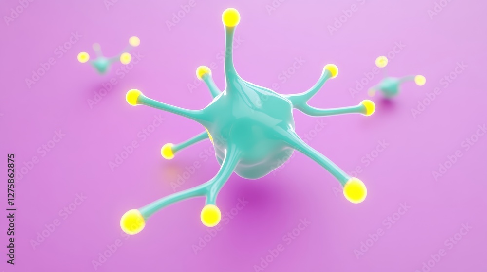 Fototapete abstract 3d rendering of teal and yellow bio organic structures on purple background. fluid shapes a