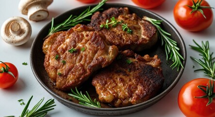 Fototapeta premium Deliciously Fried Meat Paired with Fresh Tomatoes and Rosemary on a Dark Plate Against a Clean White Background for Text Overlay