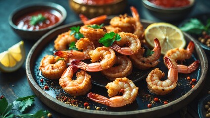 Fototapeta premium Crispy Fried Shrimp Garnished with Spices and Lemon on a Wooden Plate with Sauces in Background and Empty Space for Text