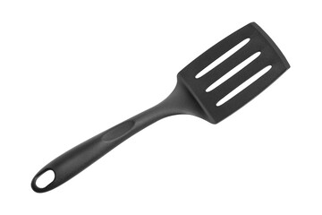 Ladle, turner, kitchen utensils isolated on white. Kitchen spatula on isolated white background. Black plastic kitchen spatula isolated on white background. A set of kitchen utensils.