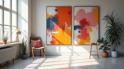 A collection of abstract paintings arranged on a wall in a bright studio 