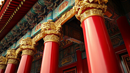 Obraz premium Chinese red pillars, historic gold architecture decor for asian temple, pagoda, gazebo, arch and gate. Vector realistic set of traditional columns with dragons in China isolated on white background