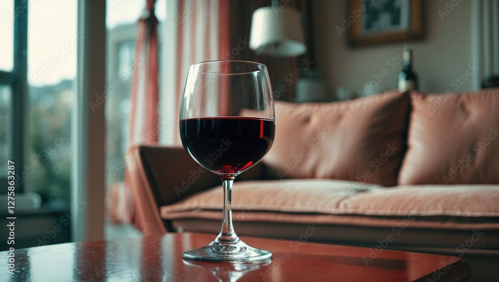 Poster elegant glass of dark red wine on a wooden table with a cozy sofa in the background and ample space 