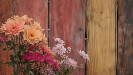 Fototapeta premium wooden background with flowers with copy space for greeting message. Love and greeting concept. AI generated image, ai