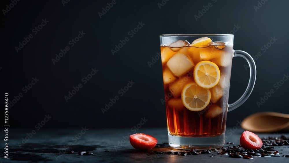 Poster refreshing iced tea with lemon slices served in a glass on dark background with strawberries and ice