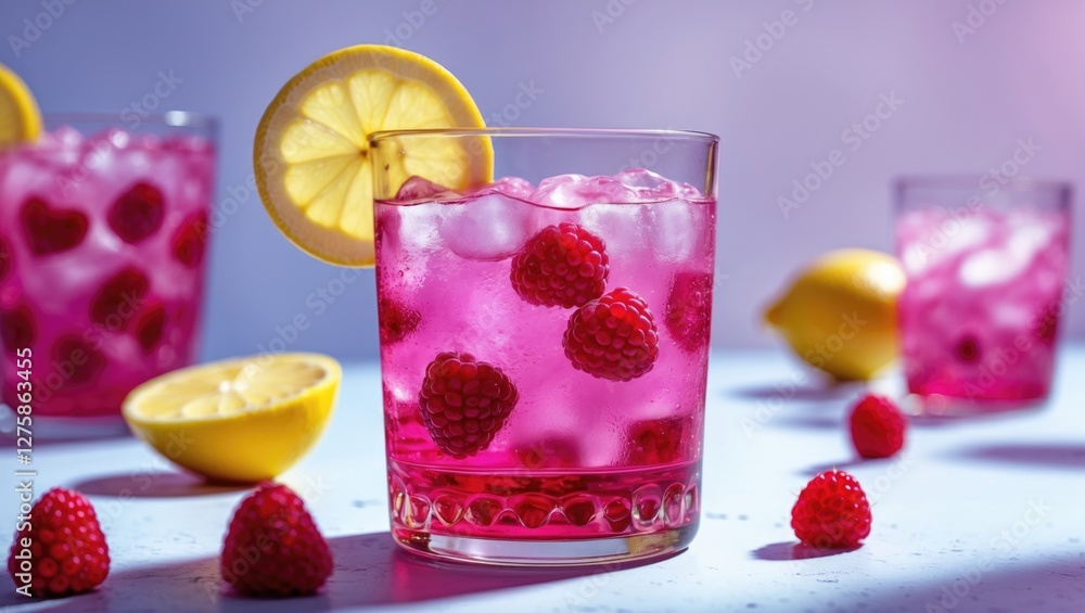 Aufkleber refreshing raspberry lemonade drink with ice and lemon slices on light background ideal for summer b