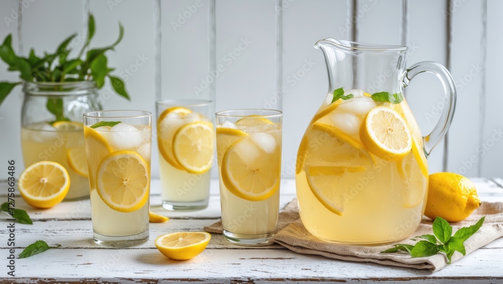 Poster refreshing lemonade pitcher and glasses with lemon slices on rustic table, garnished with mint leave