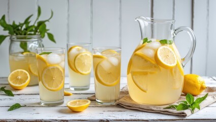 Fototapeta premium Refreshing lemonade pitcher and glasses with lemon slices on rustic table, garnished with mint leaves, ideal for summer gatherings.