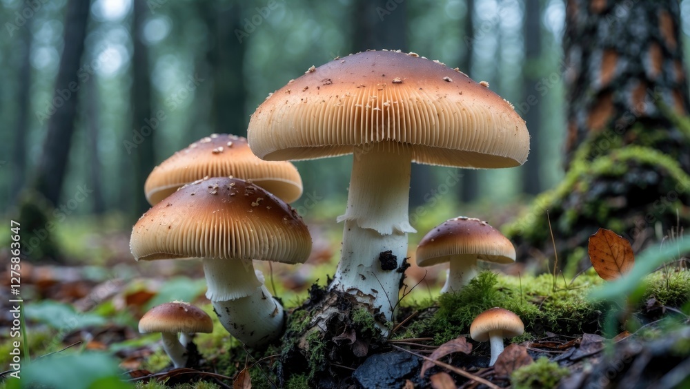 Poster close-up of gorchak mushrooms in a forest setting highlighting their unique features and inedible na