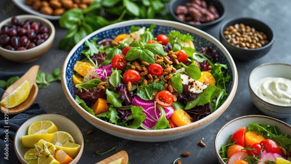 Poster vibrant fresh salad full of colorful ingredients with empty space for custom text and complementary 