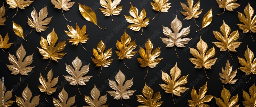 Poster elegant arrangement of golden leaves on a black background with ample space for text contribution or