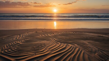 Naklejka premium Tranquil Beach Sunset With Detailed Sand Patterns Reflecting Warm Golden Light