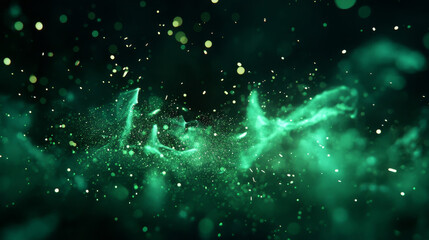 Explosion effect with sparks, green light and smoke. Bomb explode with glowing center and flying particles or embers. Firework flare, flash, bright twinkle, Realistic 3d vector illustration