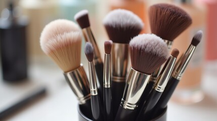 professional makeup brushes displayed in a stylish holder, featuring various brush types for foundation, eyeshadow, and blush