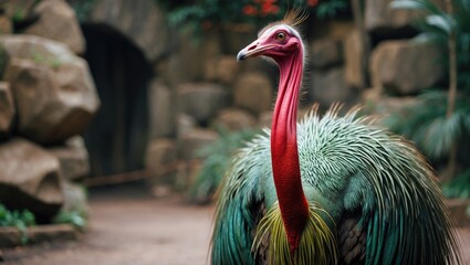 Naklejka premium Colorful Golden-Neck Cassowary with Vibrant Feathers in a Zoo Habitat Setting