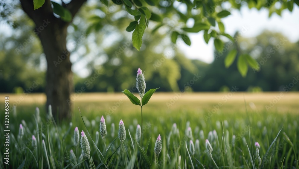 Poster blossoming flower in a serene garden with lush grass and blurred trees creating a tranquil atmospher