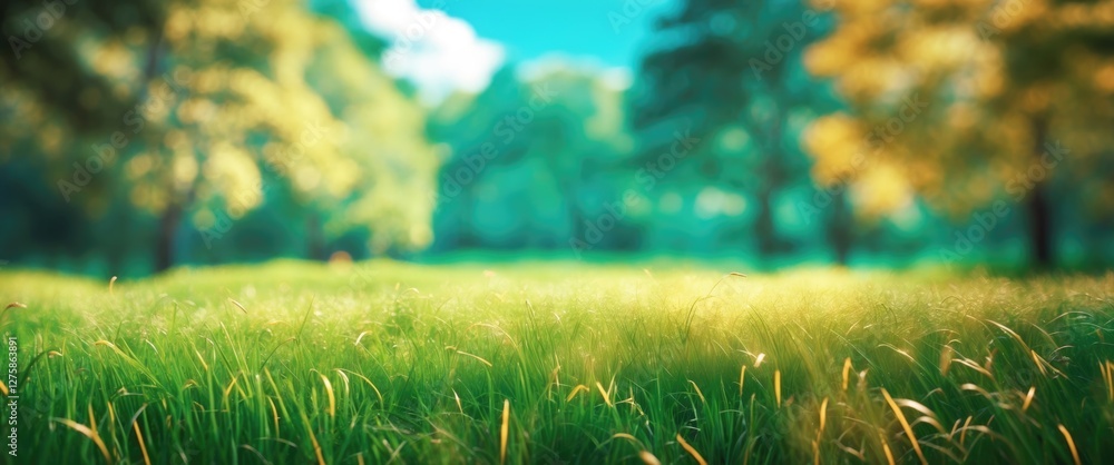 Aufkleber lush green grassy field under soft sunlight with blurred trees in the background creating a serene a