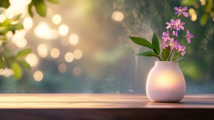 Purple flowers in a small white vase on a wooden surface, illuminated by warm light, bokeh background, serene atmosphere