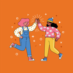 Two Friends High Fiving in Celebration with Fun Graphic Elements
