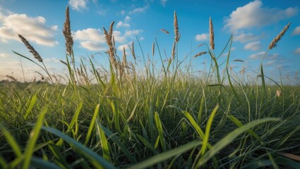 Naklejka premium Lush Green Grass Under a Clear Blue Sky with Wispy Clouds in a Serene Natural Landscape