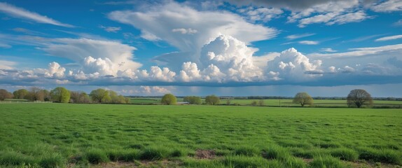 Obraz premium Vast green countryside with dramatic blue sky and fluffy clouds creating a picturesque agricultural landscape under spring sunlight.