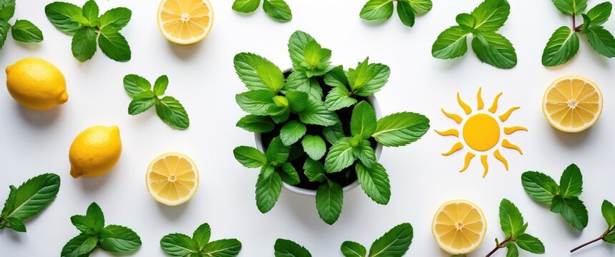 Fresh Mint and Lemon Arrangement with Sun Motif on White Background Ideal for Summer Concepts and Refreshing Culinary Themes