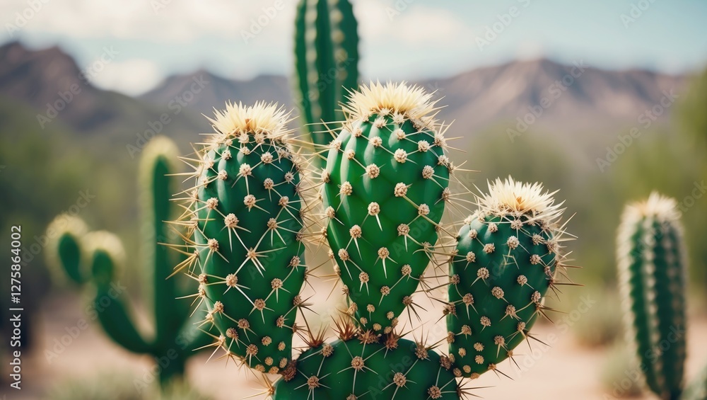 Poster sharp thorned green cactus against blurred desert background with copy space for text