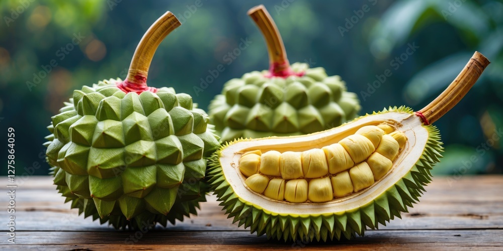 Poster fresh green durian fruits with opened slice displayed on wooden surface against blurred nature backg