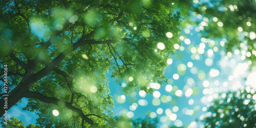 Poster verdant bokeh effect with tree canopy and sky creating a dreamy natural atmosphere filled with light