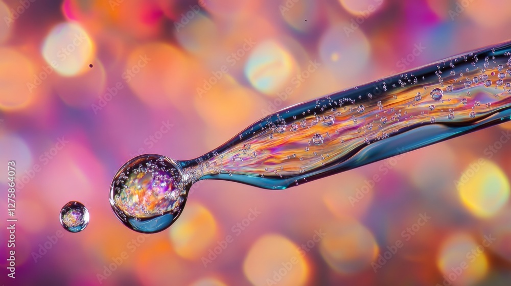 Poster ultra-detailed macro image of liquid meniscus at the tip of a pipette, ready to be released into a p
