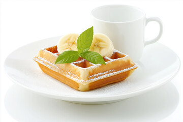 Homemade waffle with few slices of banana and sprinkle of powdered sugar, placed on plate. Tasty breakfast concept