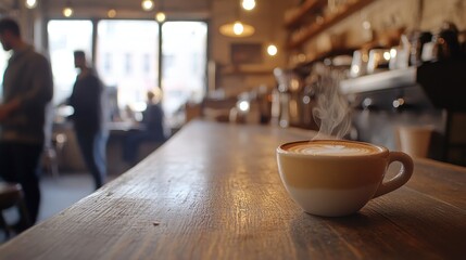 A steaming cup of coffee sits on a wooden counter in a cozy caf�, with blurred figures of customers engaged in conversation in the background.