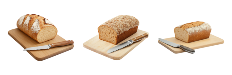 Freshly Sliced Bread Loaves on Wooden Cutting Boards Isolated on transparent background