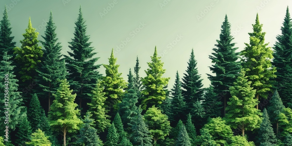 Poster lush green forest background with evergreen trees and ample space for text or design elements