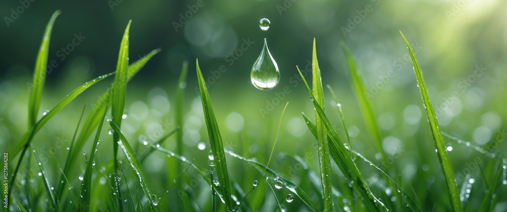 Poster dew droplet on green grass with soft focus background and space for text ideal for nature and freshn